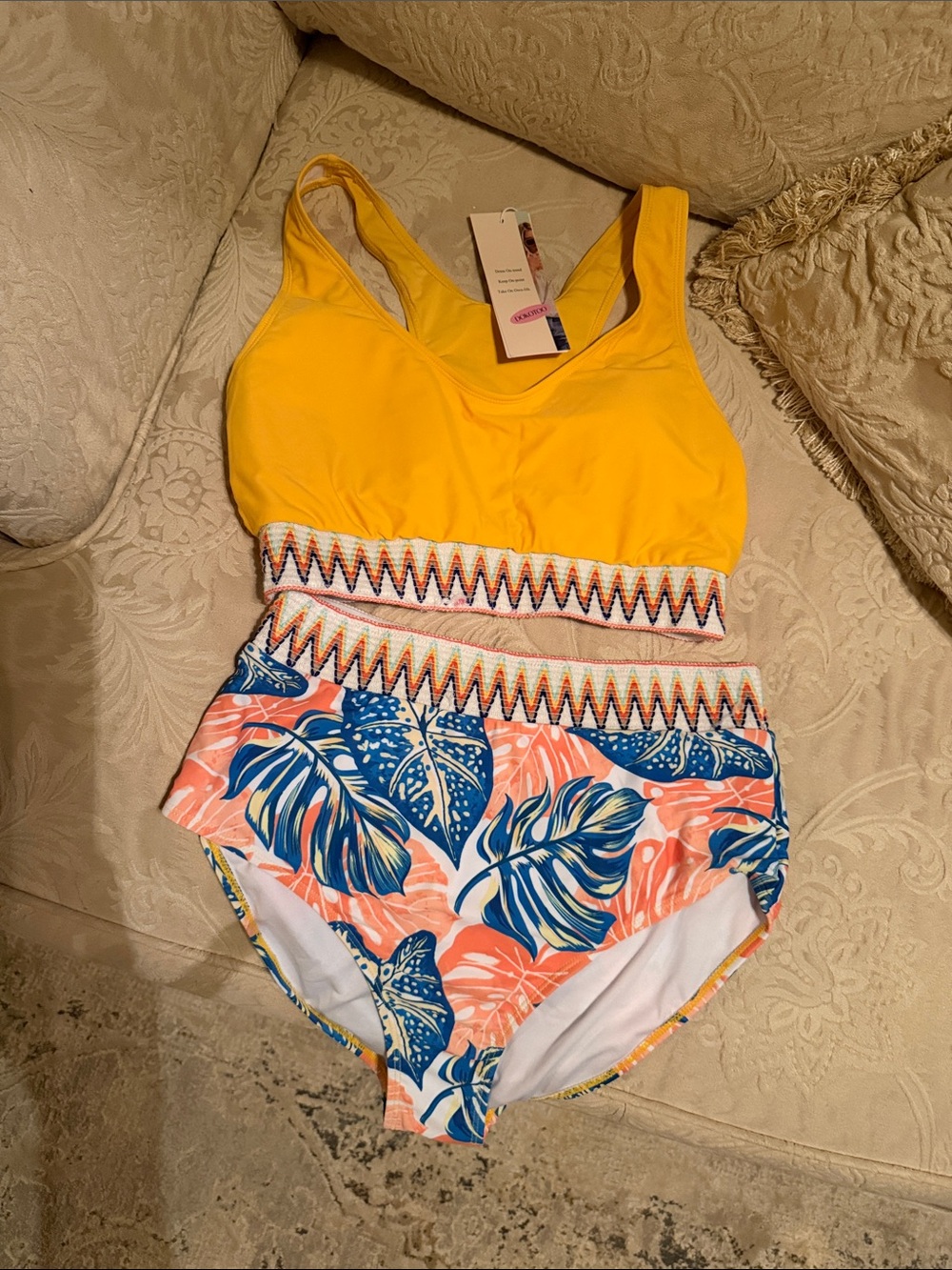 Women's Yellow High-Waist Two-Piece Swim Set with Tropical Print